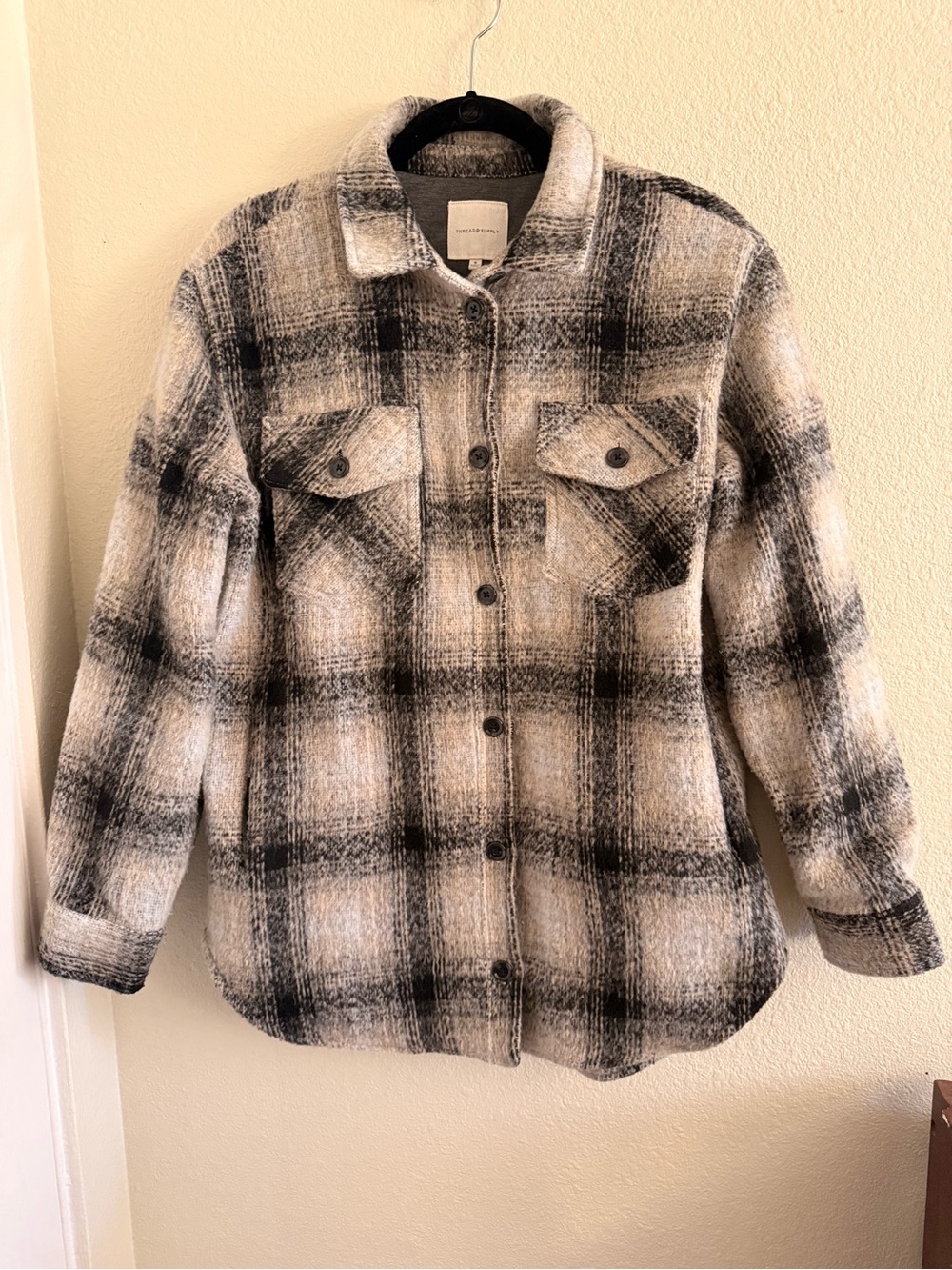 Thread & Supply Plaid Shacket in Beige, Black & Cream